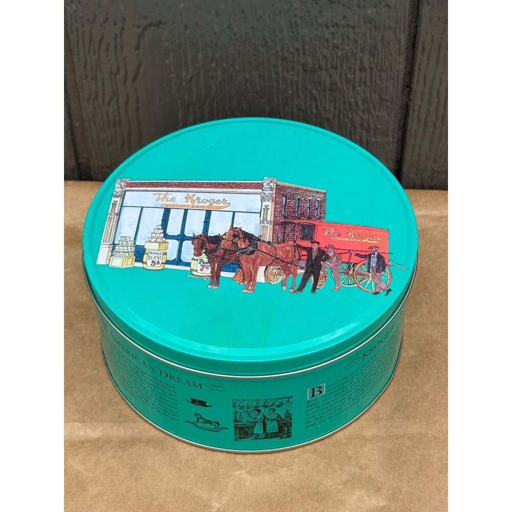 The Kroger Grocery & Baking Co. Round Tin Box Horse-Drawn Wagon Advertisement